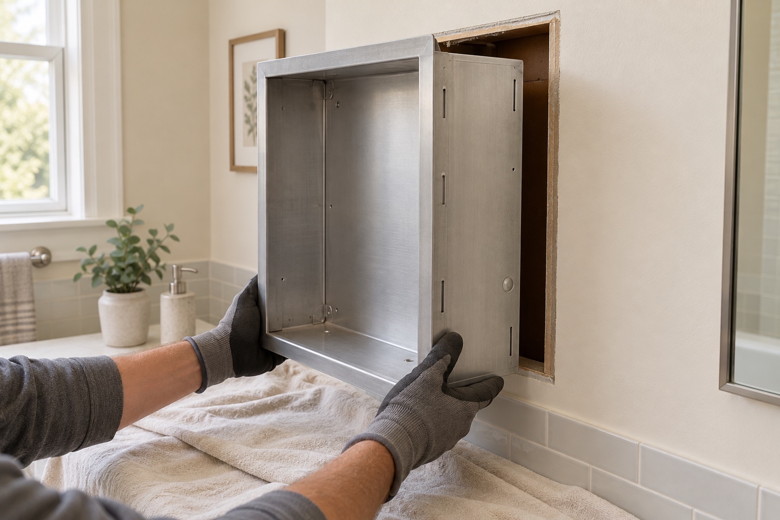 3D illustration of an empty cabinet body supported during removal above a protected countertop