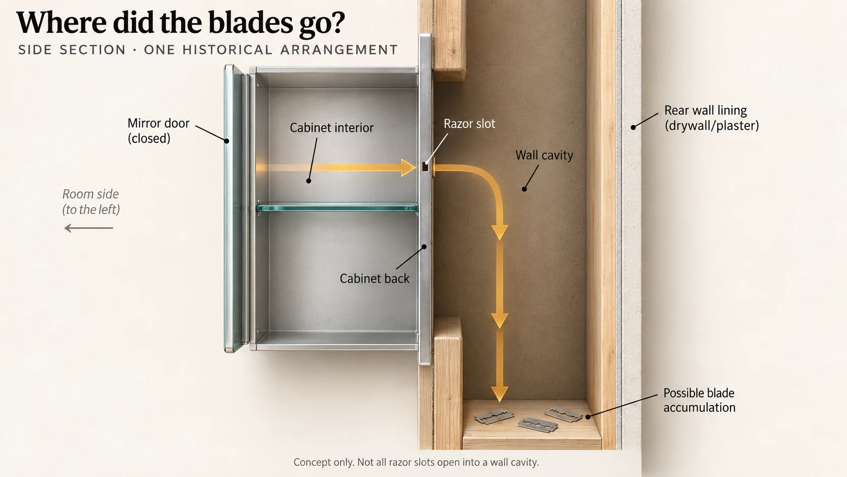 3D side-section concept showing a razor blade passing through the cabinet back into a separate wall cavity