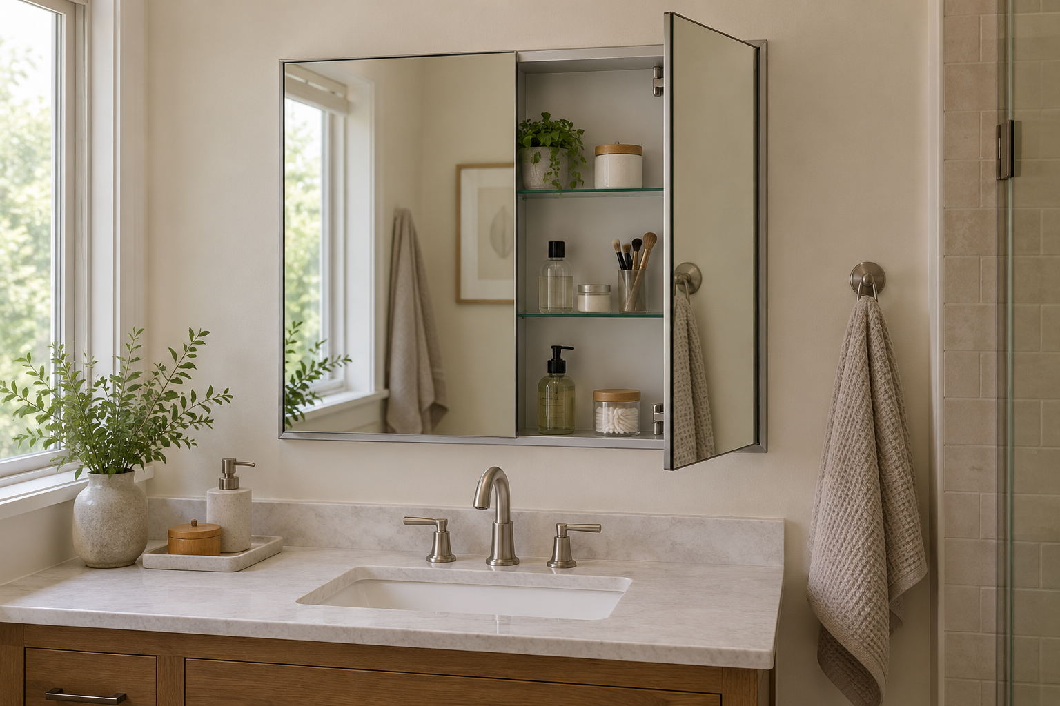 Conceptual bathroom application showing a mirrored medicine cabinet above a single vanity, with one door open to reveal the shelves
