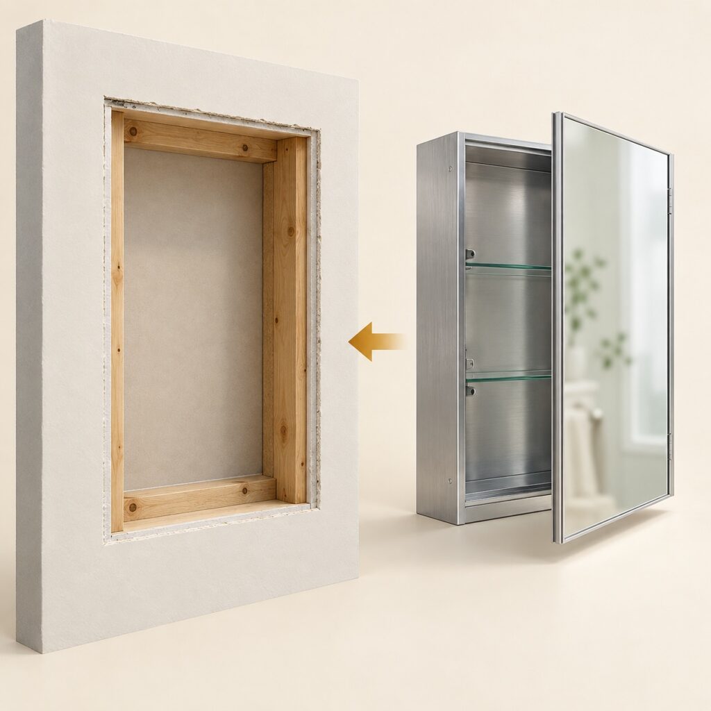 Conceptual 3D rendering of a finished wall opening beside a separate aluminum mirrored medicine cabinet