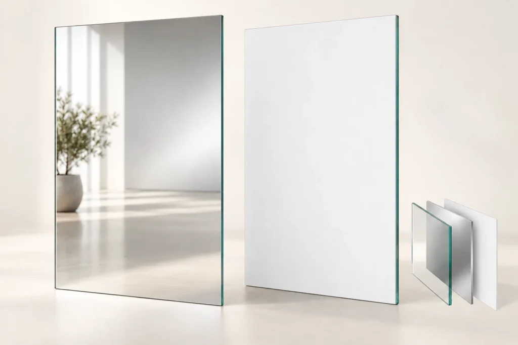 3D concept showing a reflective mirror face, white rear safety film and simplified separated layers