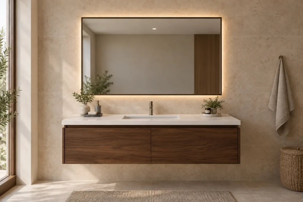3D concept of a broad rectangular backlit mirror over a walnut single-basin vanity